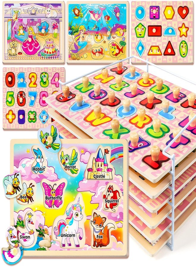 SYNARRY Wooden Puzzles for Toddlers 1-3, 6XSET Toddlers Puzzles Ages 1-3 with Rack, Learning Alphabet Number Shape Unicorn Princess, Toddler Valentines Day Easter Basket Stuffers Gifts Toys for Girls - Image 1